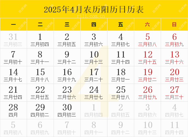 2025年4月农历阳历日历表