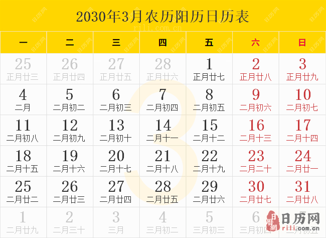 2030年3月农历阳历日历表